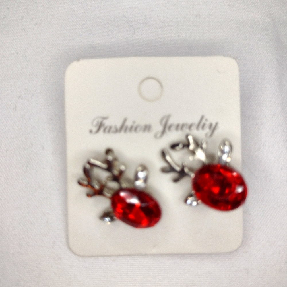 Silver Red Christmas Reindeer Stud Earrings